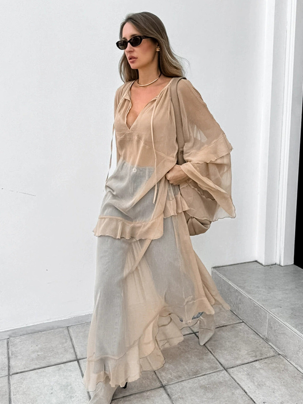 Forever 21 Spring Summer Sheer Chiffon Open Front Long Dress Batwing Loose Khaki